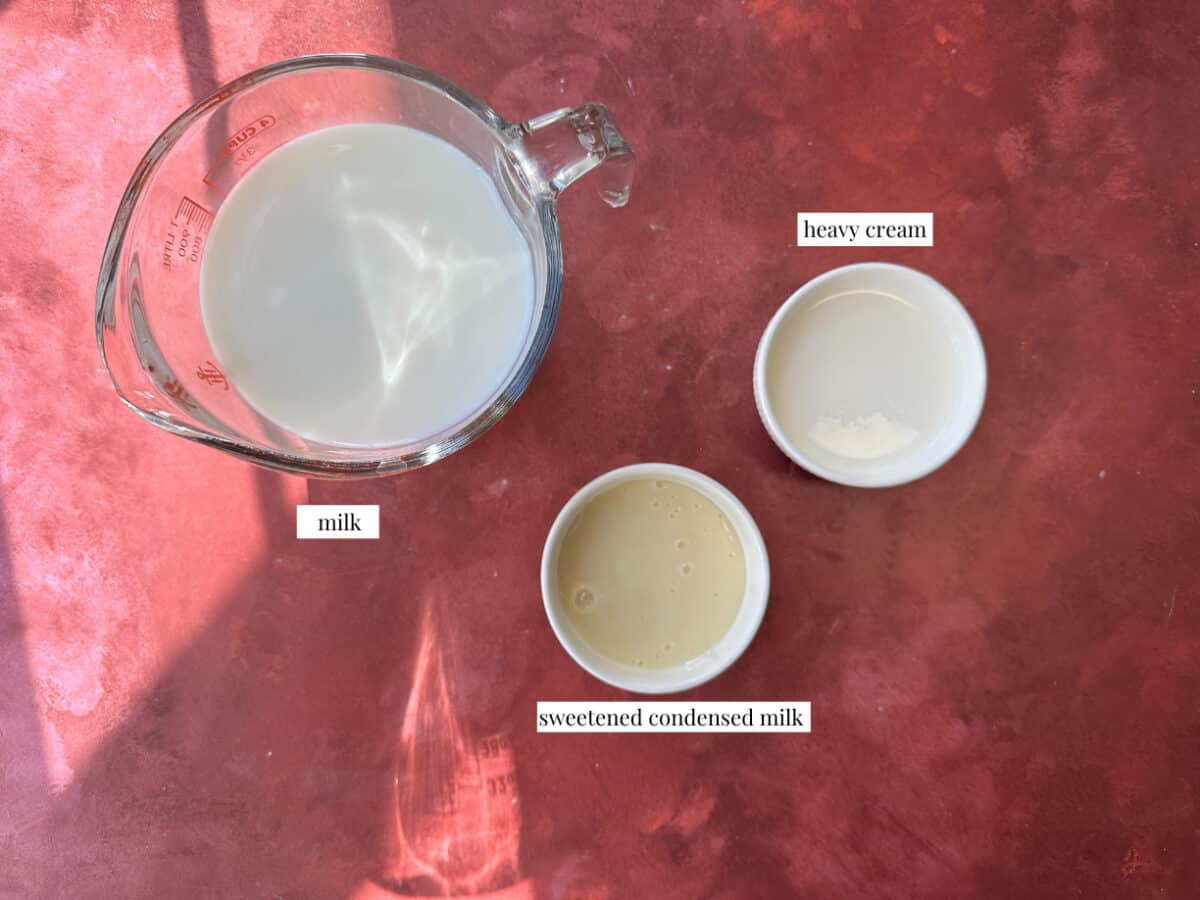 Trilece Milk Layer Ingredients the milk layer made up of milk, sweetened condensed milk, and heavy cream