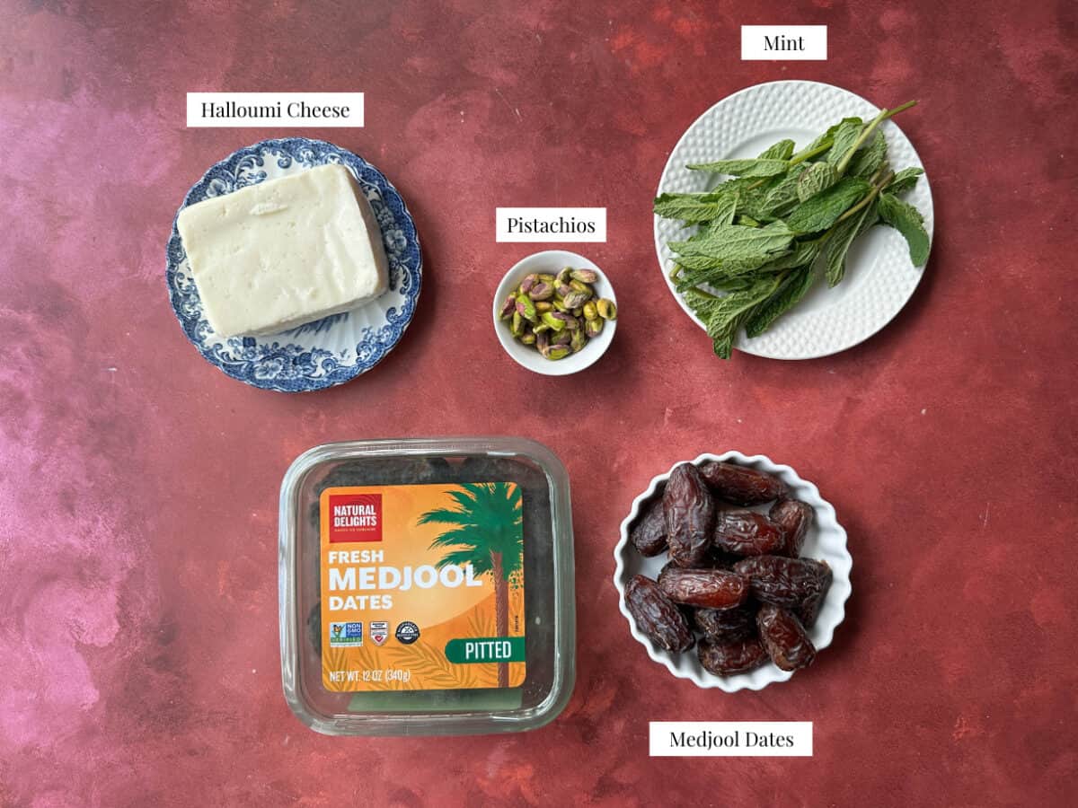 To make this recipe, you need medjool dates, halloumi, mint and pistachios.