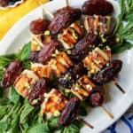 overhead shot of halloumi date skewers.