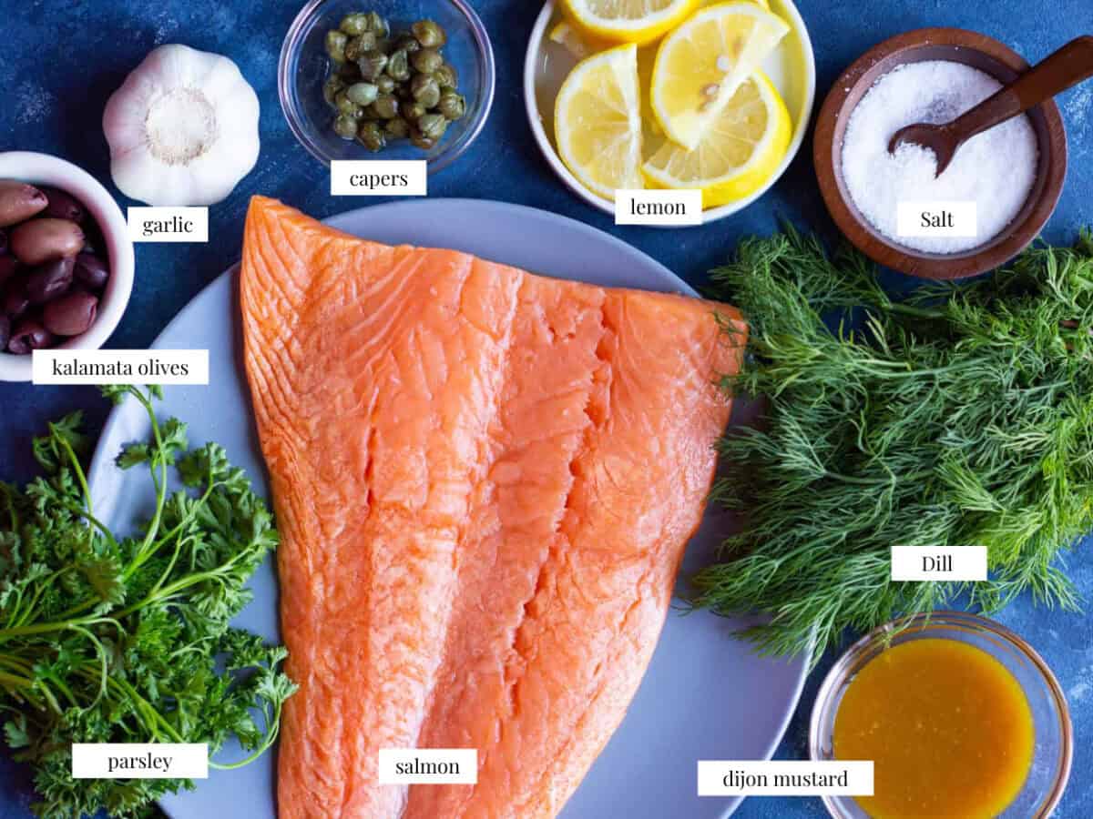 To make dijon salmon you need salmon, dijon, olive oil, dil, capers, garlic and lemon.