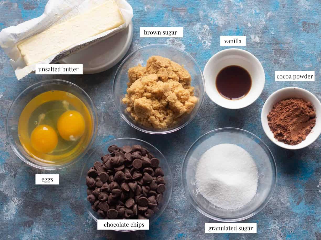 To make brownies without flour, you need the following ingredients: Unsalted butter Brown sugar and granulated sugar Chocolate chips Eggs Vanilla Cocoa powder