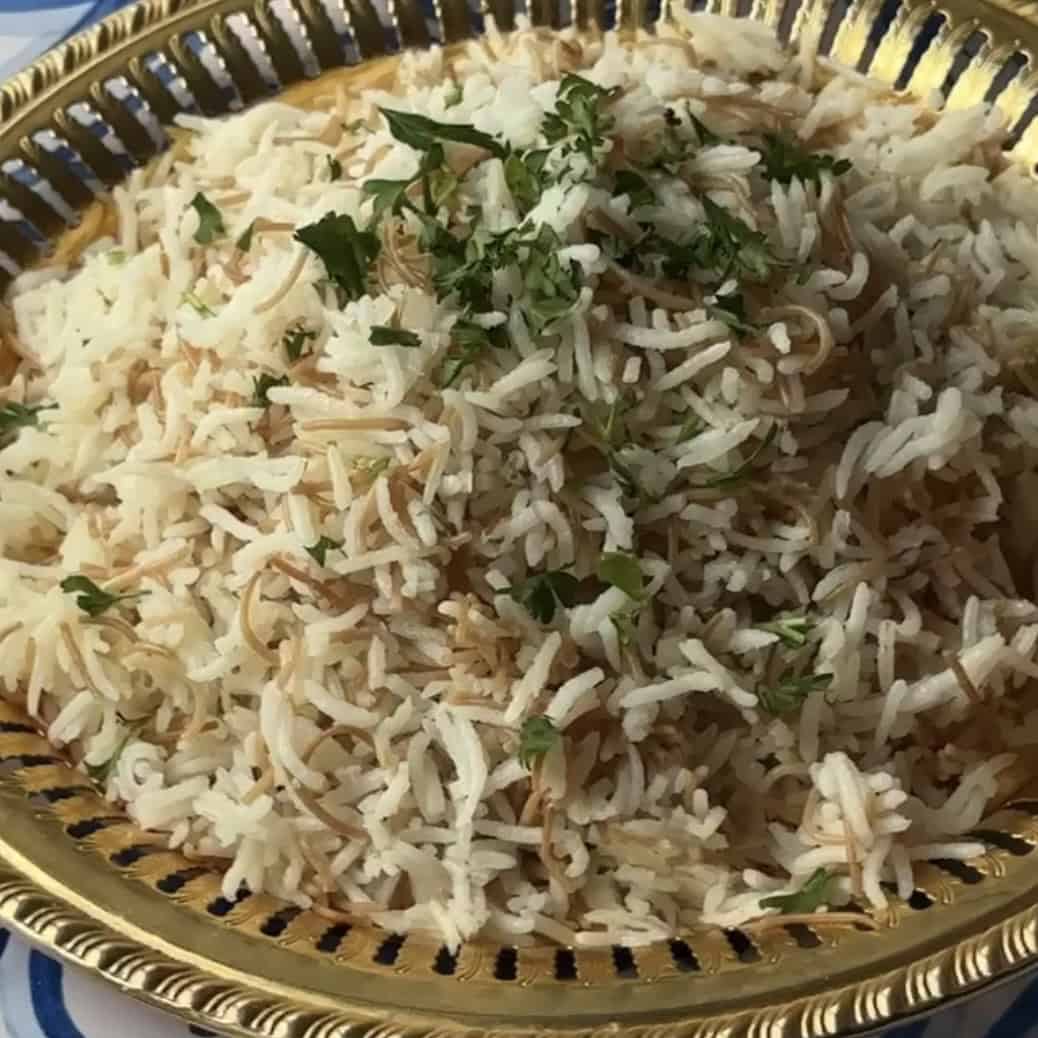 Lebanese rice served on a platter. 