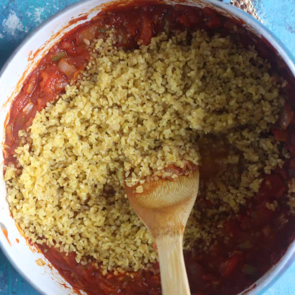 Add in the washed and drained bulgur