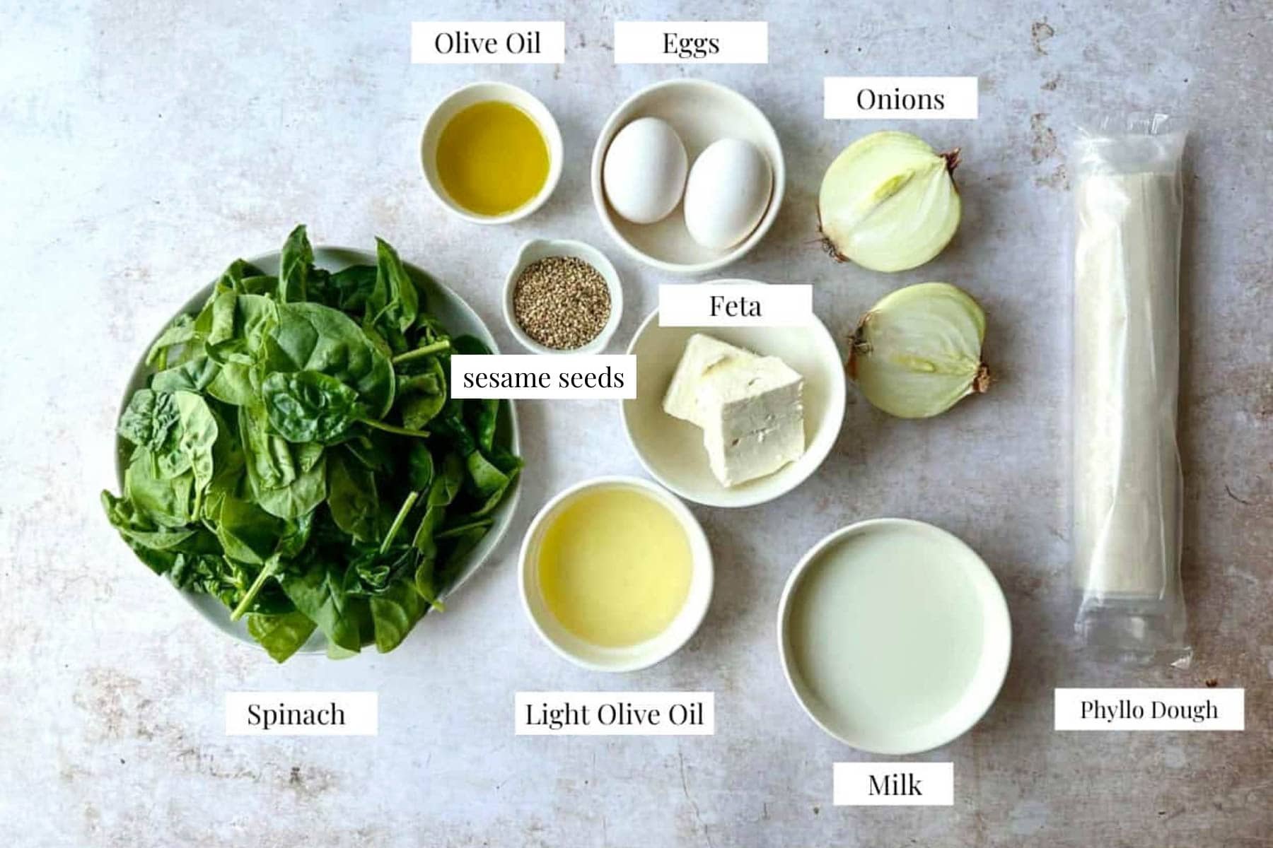 Spinach Feta Cheese Borek Ingredients Spinach and feta borek ingredients in a white background