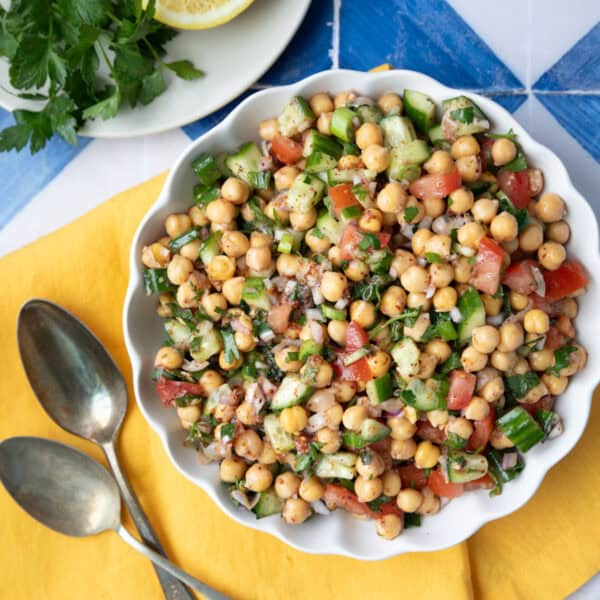 overhead shot of balela salad Middle eastern chickpea salad.