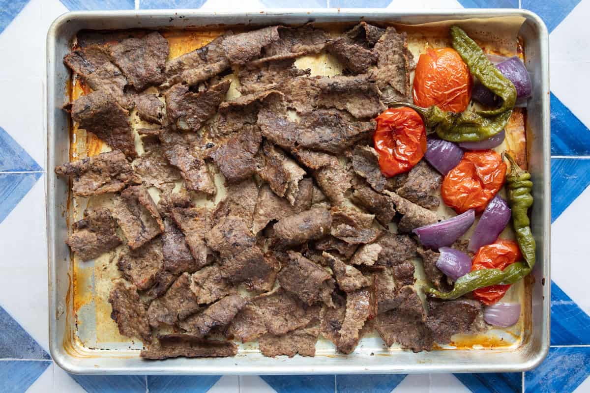 Doner pieces on a baking sheet.