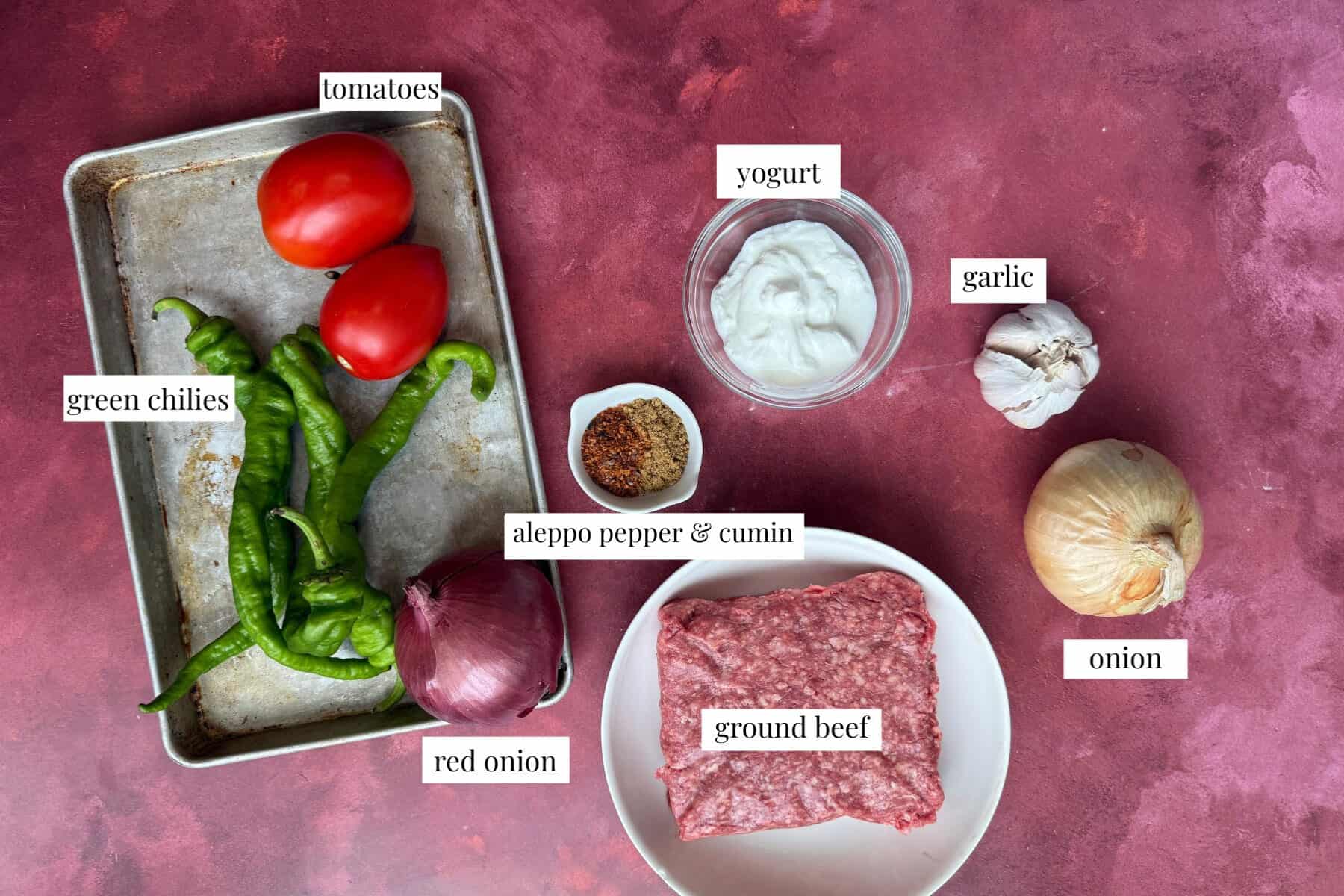 To make doner you need ground beef, yogurt, onion, garlic, spices, peppers and tomatoes.