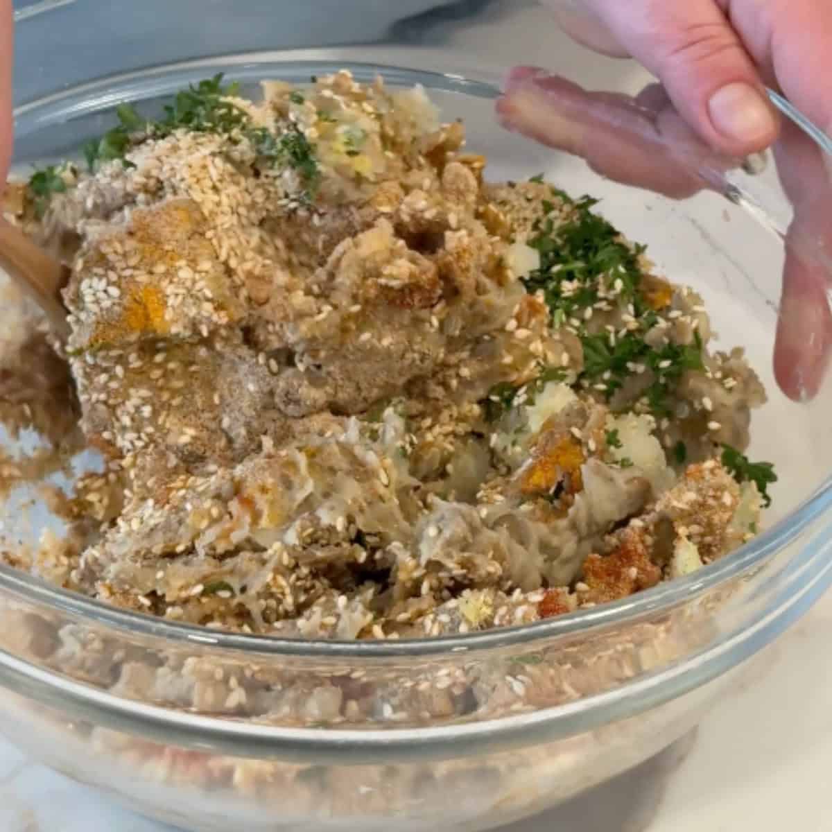 All lentil fritters ingredients mixed together. 