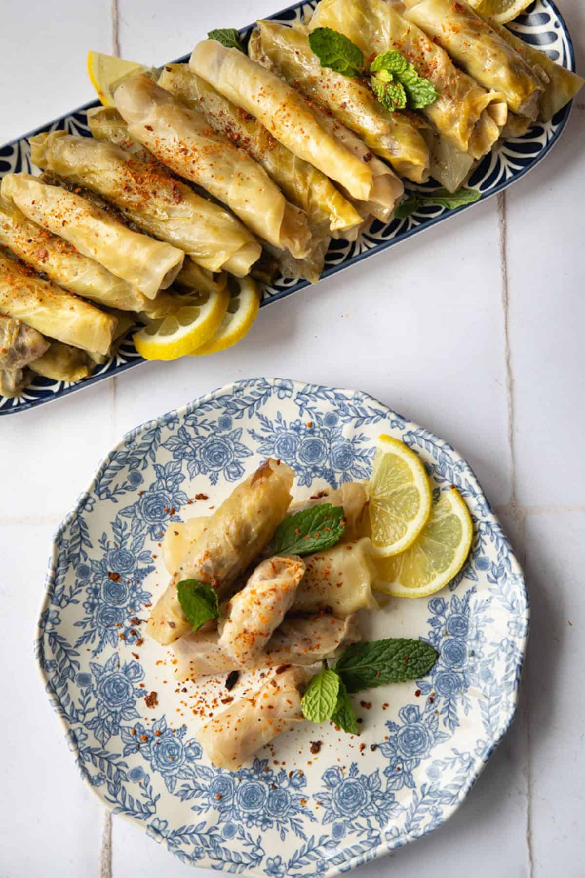 overhead shot of malfouf Lebanese cabbage rolls. 