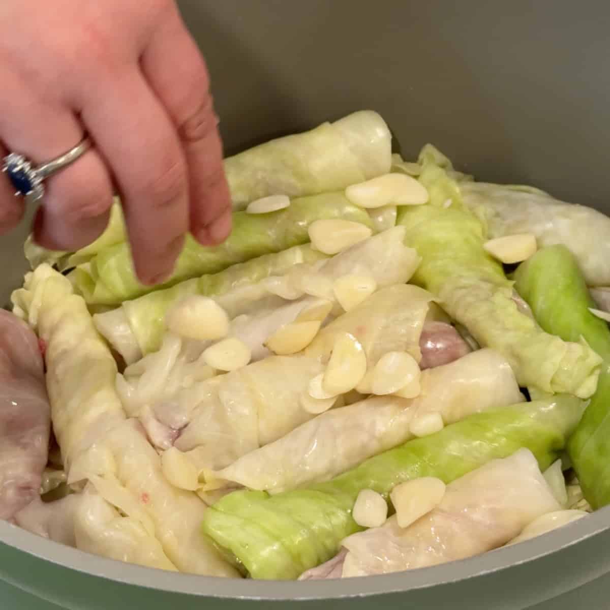 Layer the cabbage rolls and top with garlic.