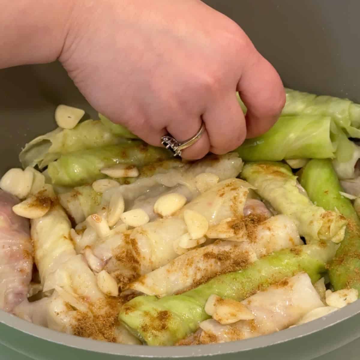 Repeat the layers until you run out of cabbage leaves. 