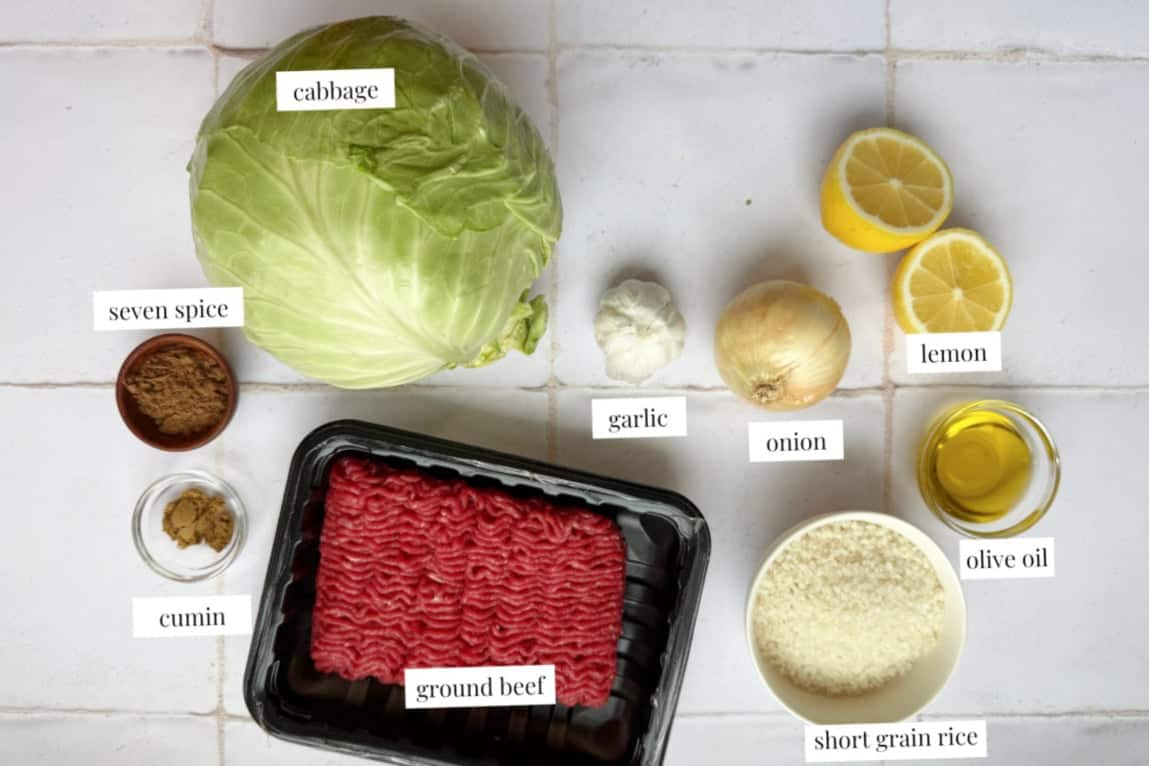 To make malfouf, you need cabbage, ground beef, rice, spices, lemon garlic and olive oil. 
