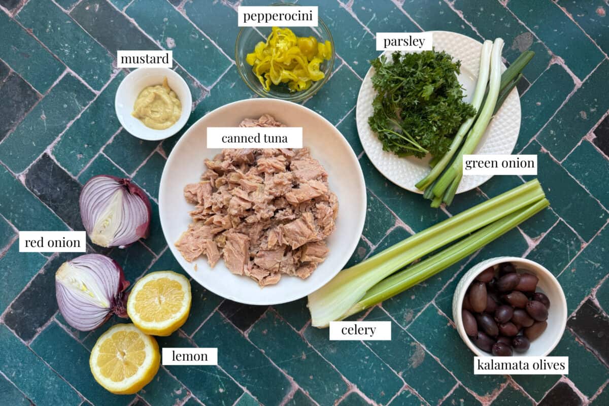 To make Mediterranean tuna salad you need tuna, pepperoncini, celery, onion, lemon, herbs and dijon mustard. 