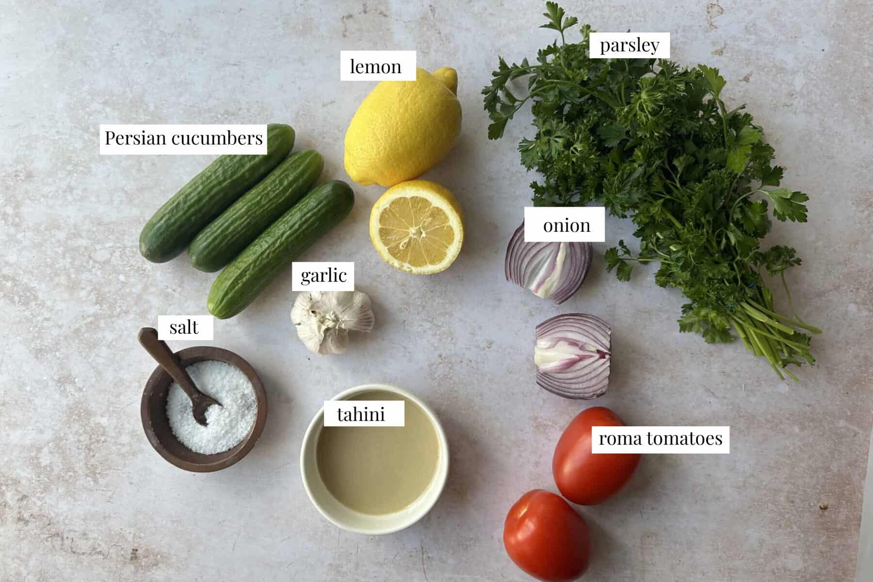 ingredients for tahini salad: Roma tomatoes, Persian cucumbers, garlic, salt, pepper, lemon juice, parsley, red onion, and tahini