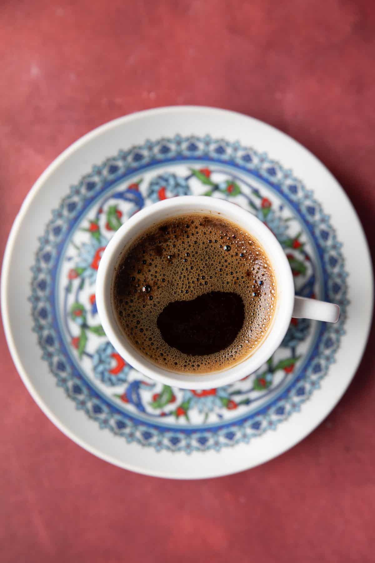 overhead shot of a cup of Turkish coffee.
