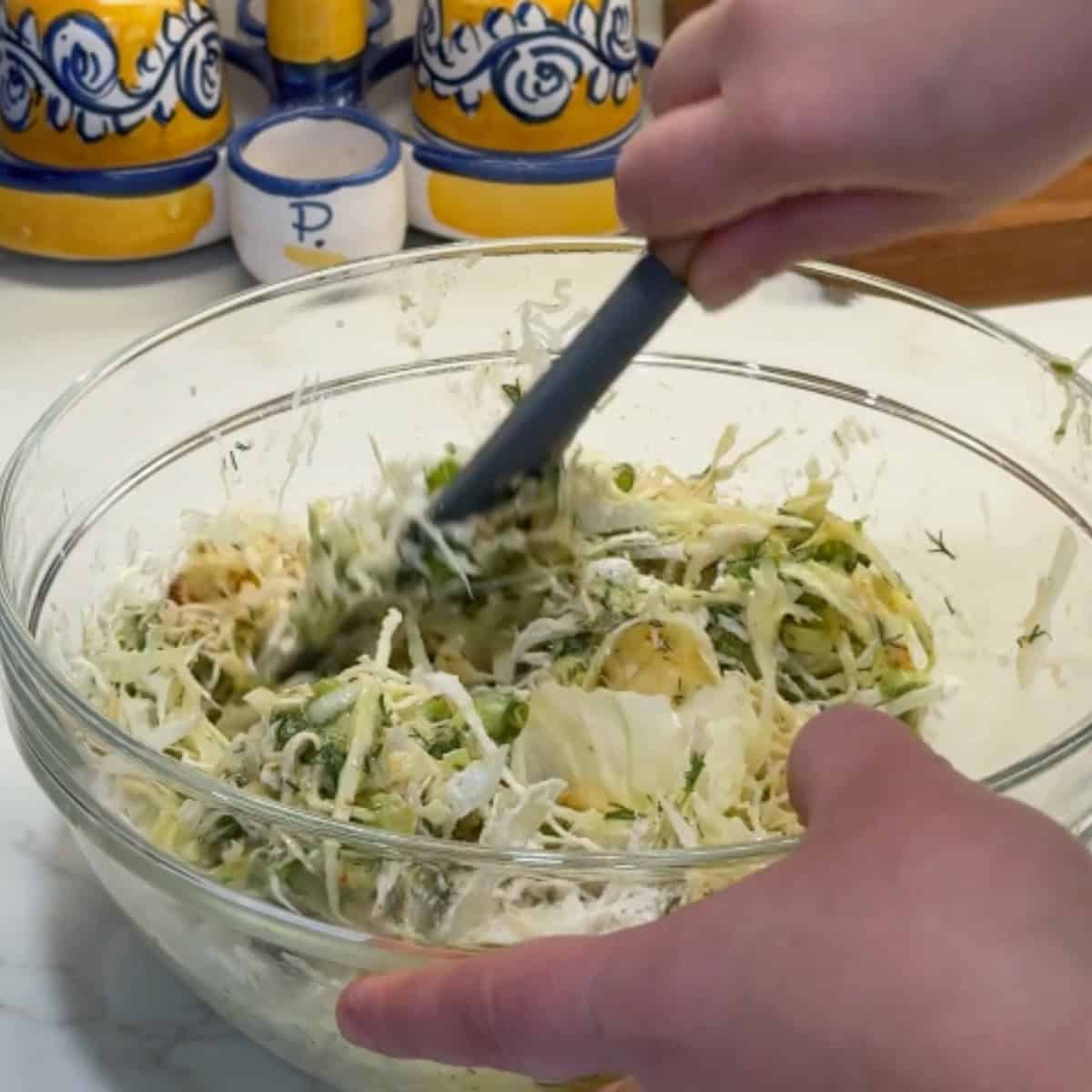 Mix the cabbage with the egg mixture until fully combined. 