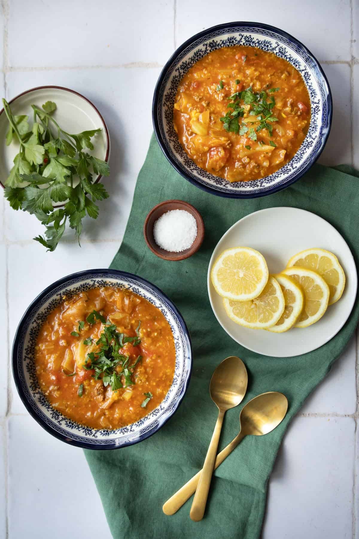 Two bowls of unstuffed cabbage soup.