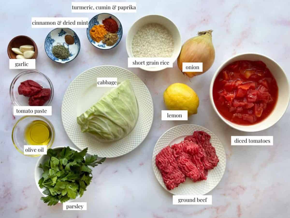 To make unstuffed cabbage soup you need onion, garlic, ground beef, spices, tomato paste, cabbage and lemon and parsley.