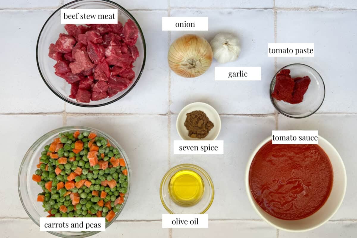 To make bazella you need beef, olive oil, tomato sauce and paste, spices and peas and carrots.