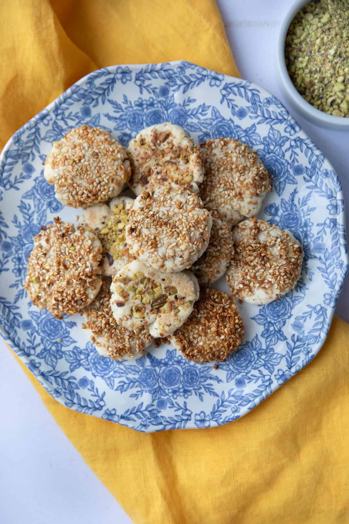 Barazel cookies on a blue platter.