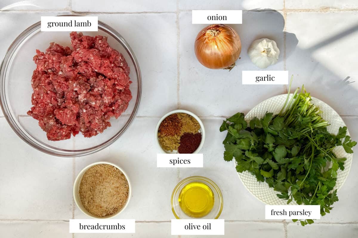 ingredients are ground beef, onion, garlic, parsley, spices and breadcrumbs