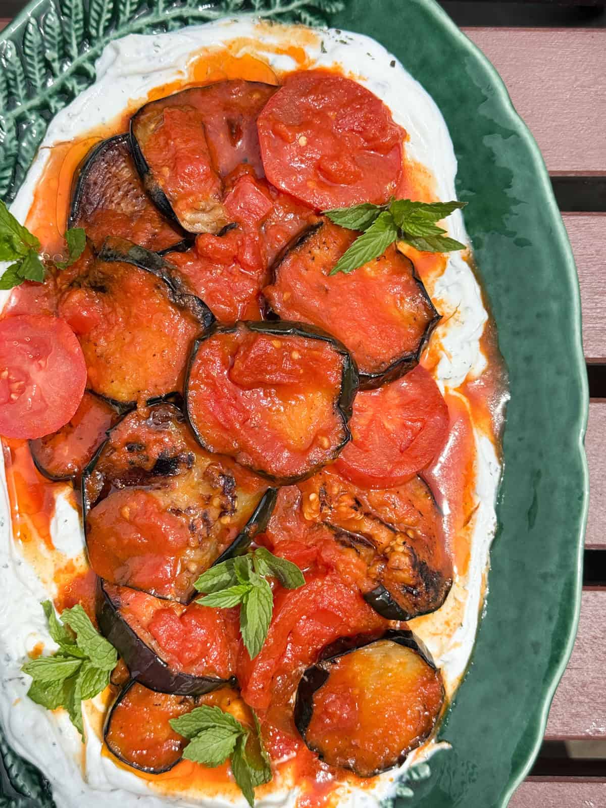 Afghan borani banjan on a plate.