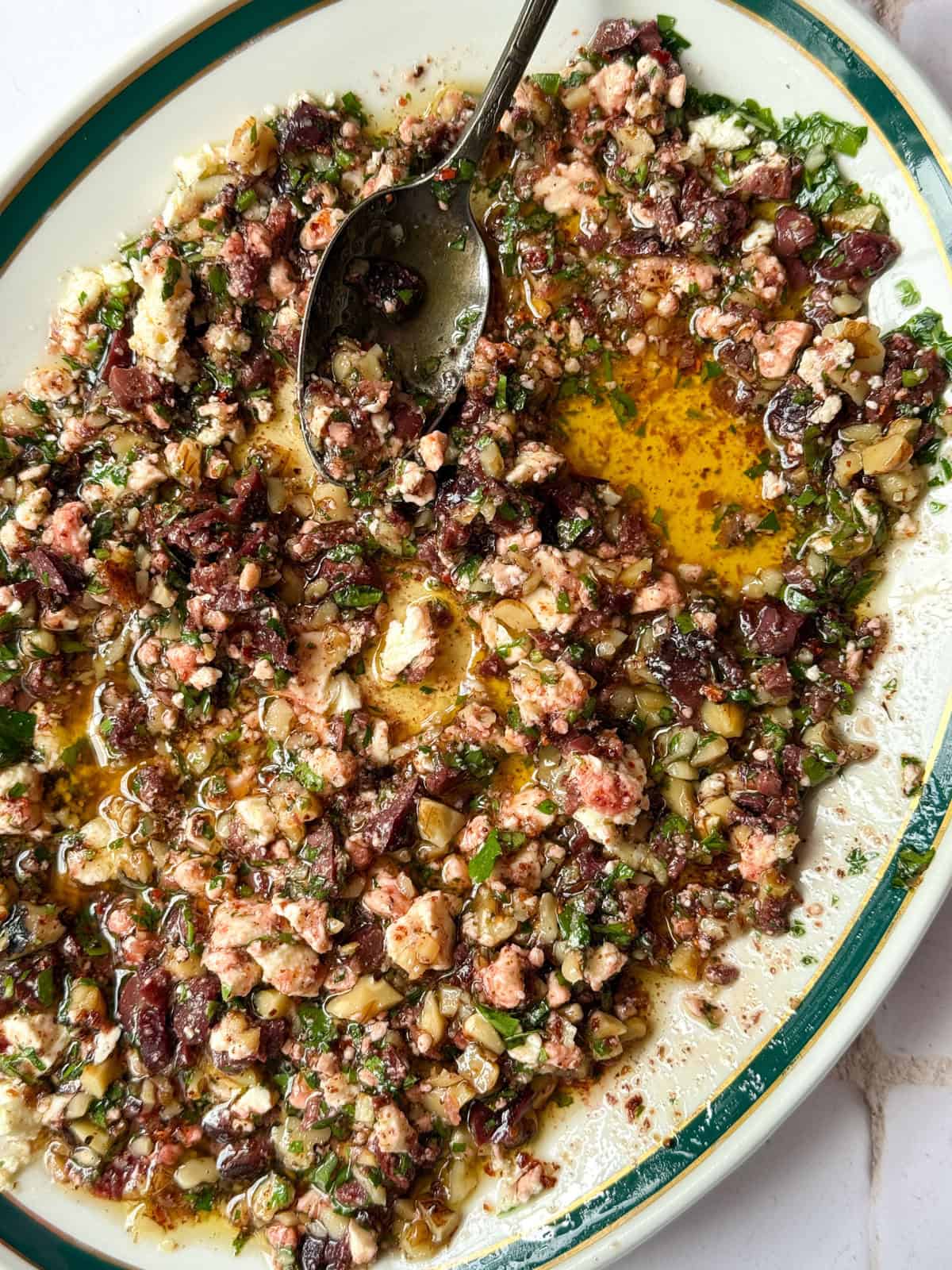 feta olive oil dip on a plate.