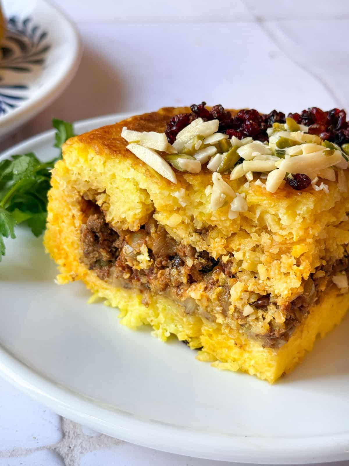 sliced tahchin on a plate.