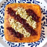 Eggplant tahchin on a plate.