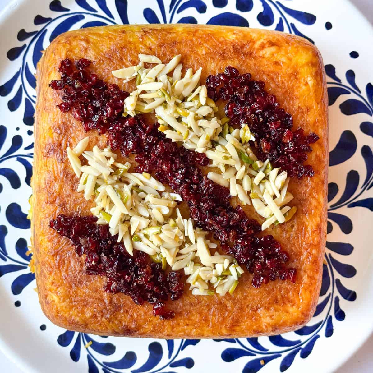 Eggplant tahchin on a plate.