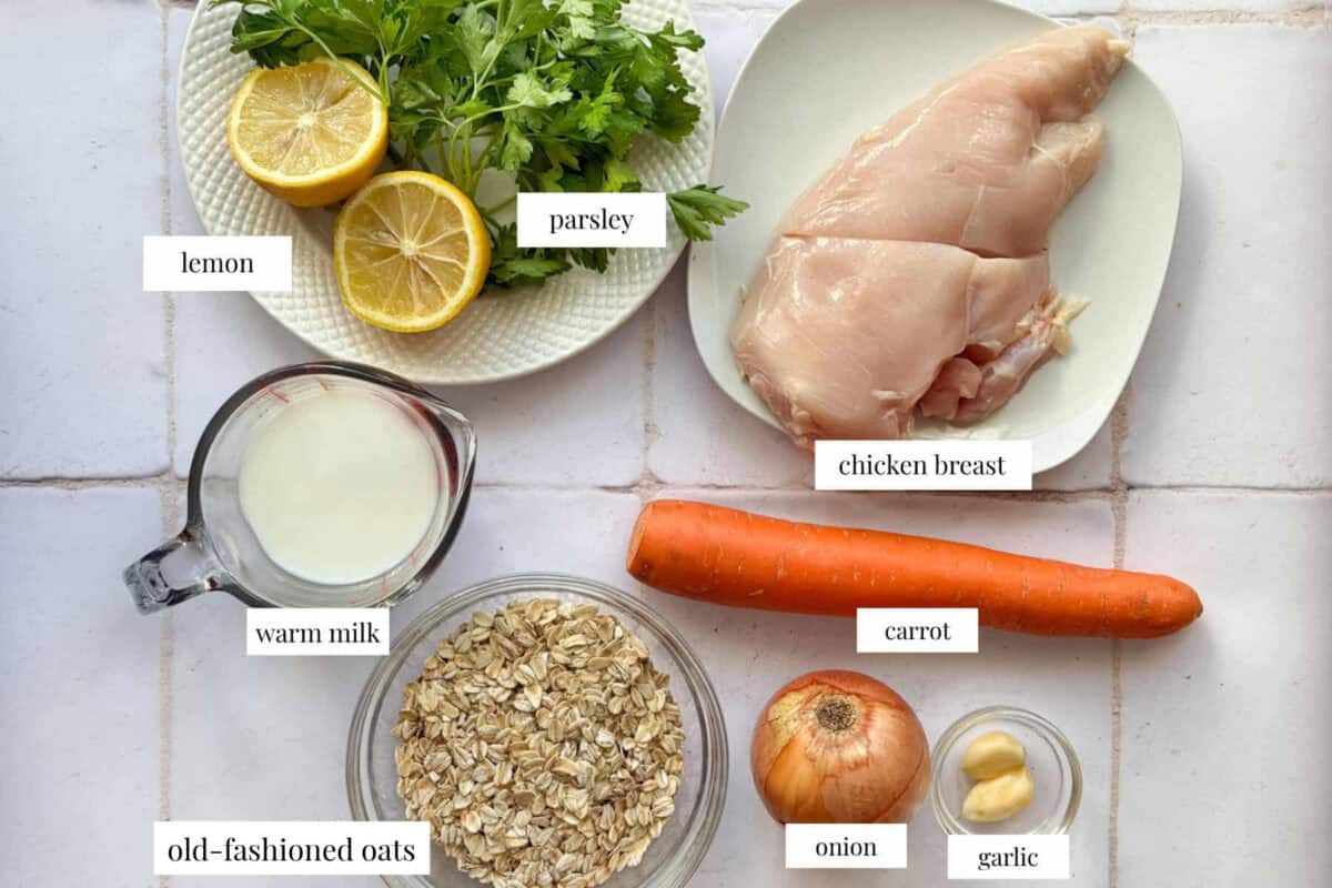 To make this recipe you need chicken oatmeal carrot onions, milk and parsley and lemon